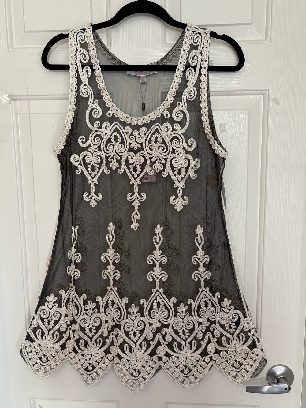 Pretty Angel Black Sheer Mesh Embroidered Mini Dress L NWT + Free Wrap